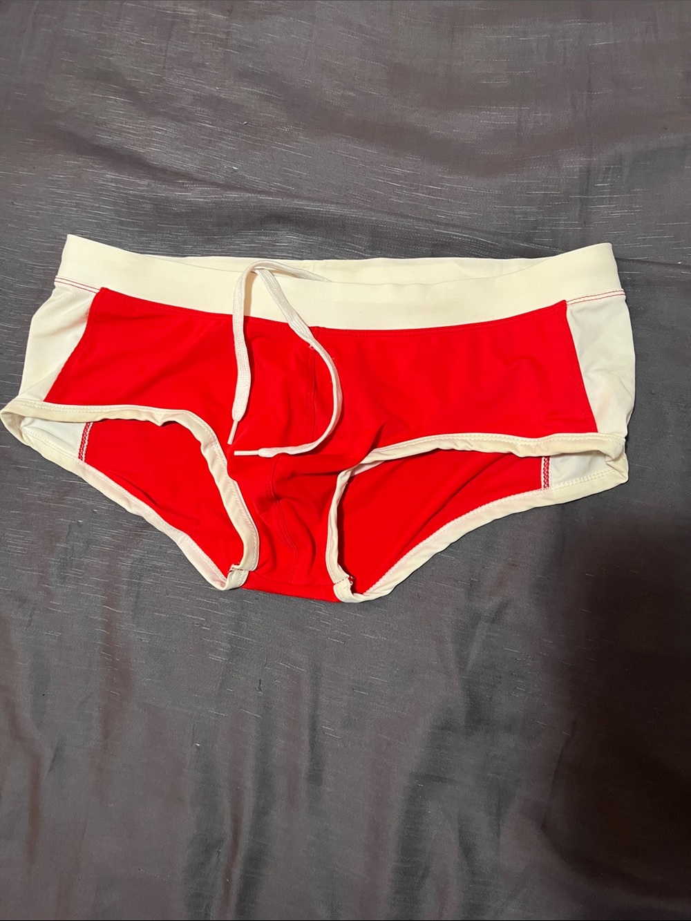 Men's Red and Cream Swim Trunks - Classic Drawstring Swim Briefs